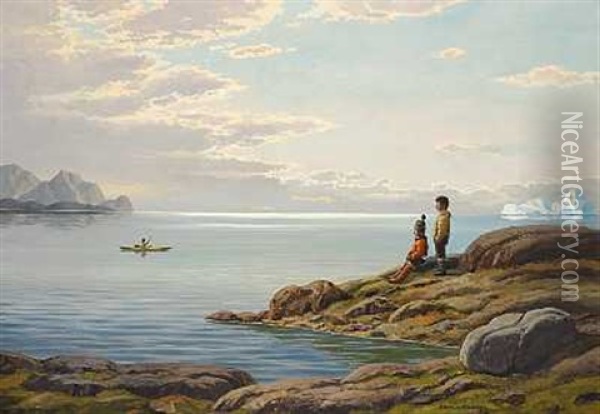 Parti Fra Godthabsfjorden Med To Born Og En Kajakroer, Sommer Oil Painting - Emanuel A. Petersen