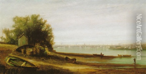 View Of Fort Gorges And The Harbor, Portland Oil Painting - Harrison Bird Brown