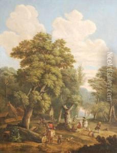 A Woodland Landscape With Travellers By A Farmstead Oil Painting - Jan Wijnants