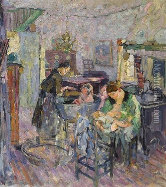Interior With Women And Children Oil Painting - Joseph Raphael