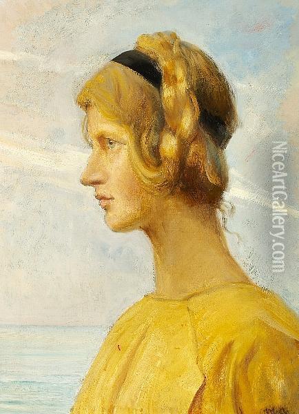 A Girl From Skagen In A Yellow Dress Seen In Profile With The Sea In The Background Oil Painting - Michael Ancher