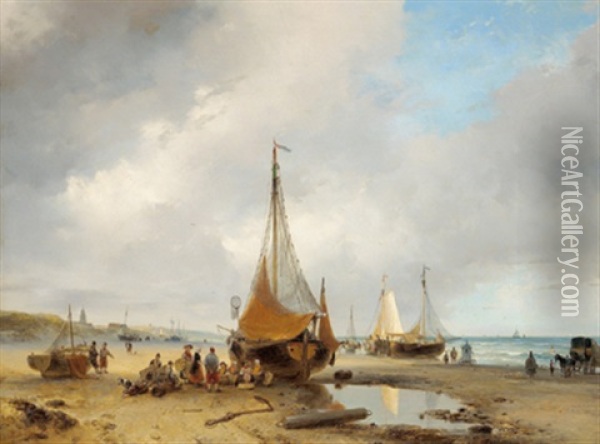 Fischerboote Am Strand Und Reiche Figurliche Staffage Oil Painting - Andreas Schelfhout