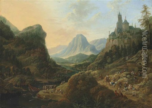 A Mountainous River Landscape With Figures On A Path Outside An Inn, A Castle On A Mountaintop Beyond Oil Painting - Jan Griffier the Elder