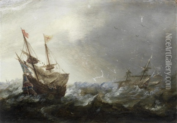 Shipping In A Rough Sea; A Whaling Scene (2) Oil Painting - Adam Willaerts