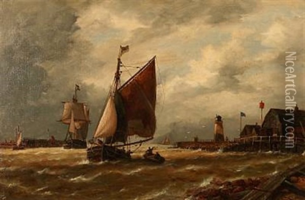 Harbor Scene With Sailing Ships Oil Painting - Richard Henry Nibbs