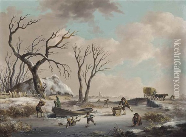 Winter Landscape With Skaters Oil Painting - Fredericus Theodorus Renard