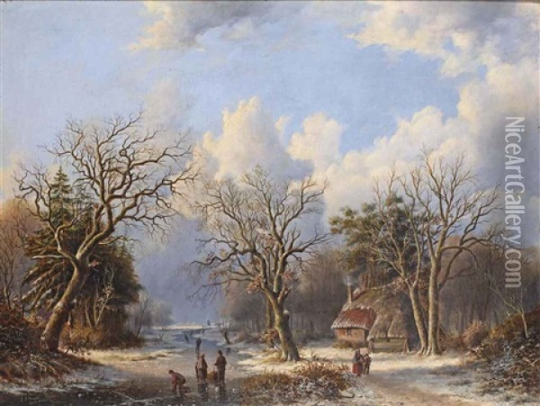 A Wooded Landcape With Skaters On The Ice, A Farm On The River Bank Oil Painting - Everardus Benedictus Gregorius Pagano Mirani