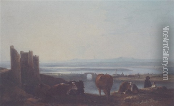 Cattle Resting In An Estuary Landscape Oil Painting - Thomas Barker