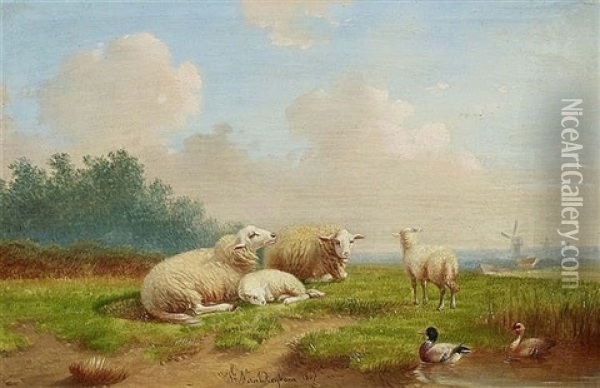 Sheep And Ducks In Dutch Landscape Oil Painting - Joseph Van Dieghem