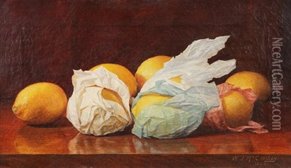 Wrapped Lemons On A Table Top Oil Painting - William J. McCloskey