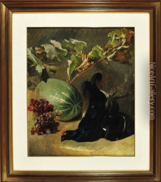 Stilleben Mit Weinlaub, Trauben, Melone Und Erlegtem Schwarzhuhn Oil Painting - Hans Kundmueller