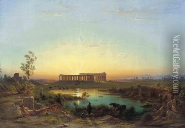 A Herdsman Watering His Cattle At Paestum, Dusk Oil Painting - Rudolf Johan Buhlmann