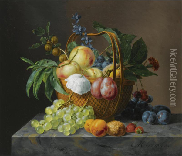 A Still Life With Fruit And Flowers In A Basket Oil Painting - Anthony Oberman