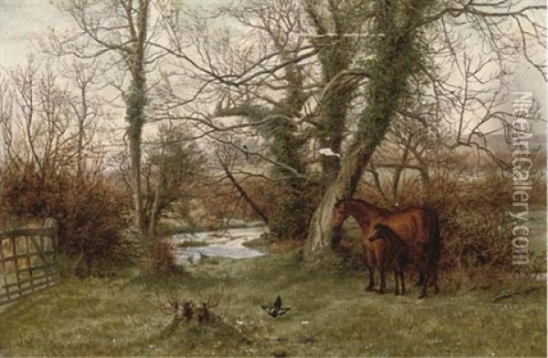 A Mare And Foul In A Paddock Beside A Stream Oil Painting - Joseph Langsdale Pickering