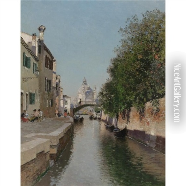 A Venetian Canal, Santa Maria Della Salute In The Distance Oil Painting - Martin Rico y Ortega