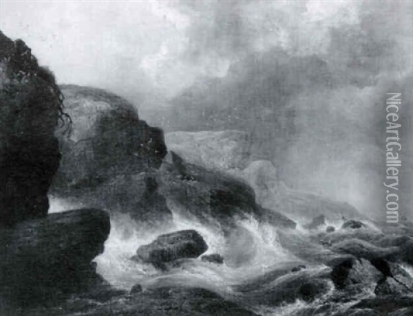 Storm Waves The Battering Rocky Coast Oil Painting - Thomas Birch