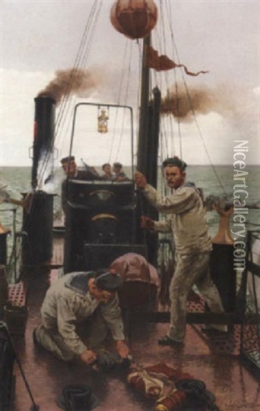 Matelots Hoisting A Flag Signal From The Deck Of A French Torpedo Boat At Sea Oil Painting - Cyprien Louis Pierre Edmond Levavasseur