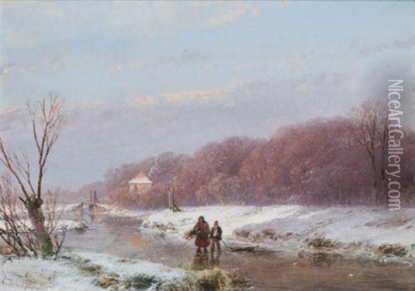 A Winter Landscape With Wood Gatherers On The Ice Oil Painting - Andreas Schelfhout