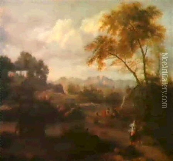 Ideale Landschaft Mit Figuren Und Einem Monument Oil Painting - Gaspard Dughet