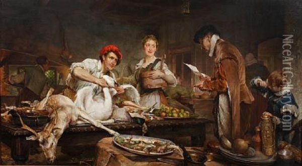 Figures Preparing For An Extravagant Feast, With Game, Including Swan, Upon The Table Oil Painting - Edgar Bundy