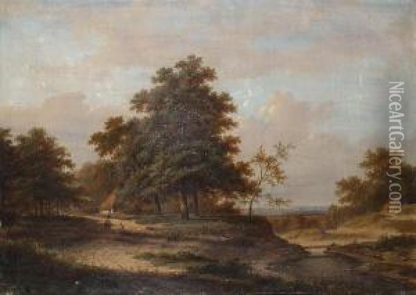 A Country Landscape With Figures Resting On A Track. Oil Painting - Jan Evert Morel