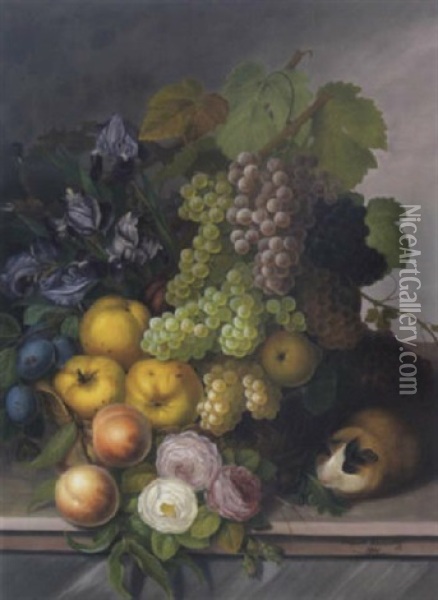 Stilleben Mit Weintrauben, Apfeln, Zwetschgen, Iris, Rosen Und Meerschweinchen Oil Painting - Leopold Kuwasseg