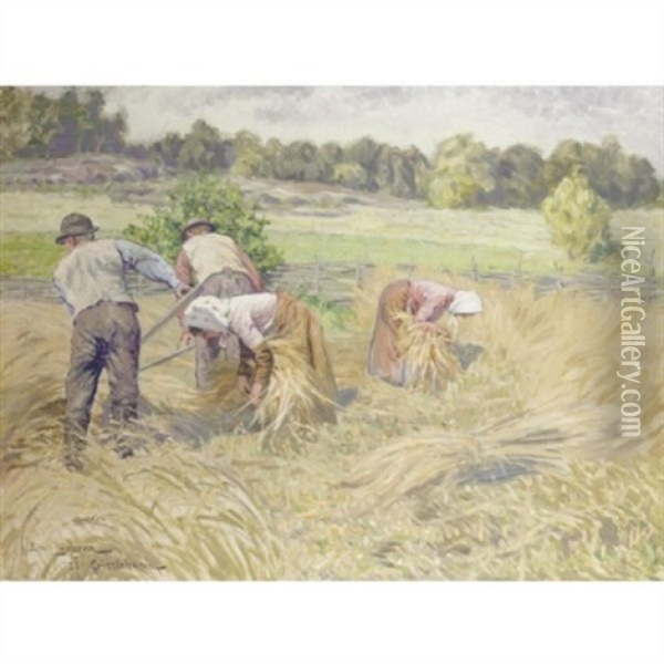 Harvesters In A Landscape Oil Painting - Emil (Harald Emanuel) Lindgren