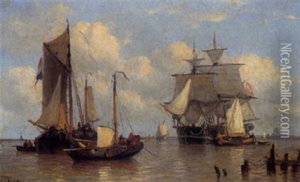 Boats In A Harbour Oil Painting - George Willem Opdenhoff