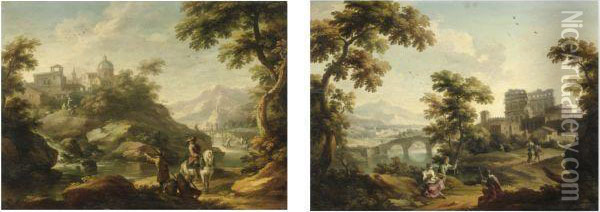 Paesaggio Con Cavaliere Su Cavallo Bianco Presso Un Fiume Oil Painting - Vittorio Amedeo Cignaroli