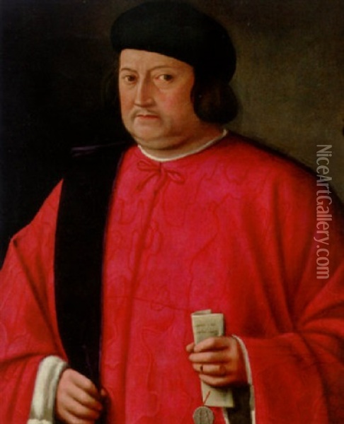 Portrait Of A Venetian Dignitary In Robes Of Office Holding A Letter Of Appointment Oil Painting - Lorenzo Lotto