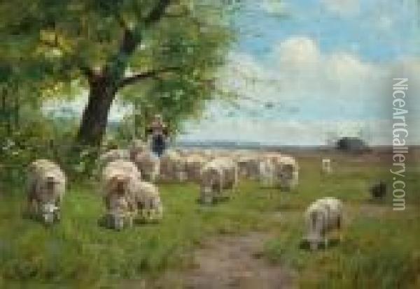 Shepherdess With Flock And Dog In A Widelandscape Oil Painting - Cornelis van Leemputten