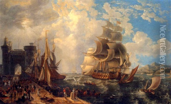 A Squadron Of Warships Of The Royal Navy Coming Into Port, Possibly On The Black Sea, With English Soldiers On The Quayside Oil Painting - Antoine Leon Morel-Fatio