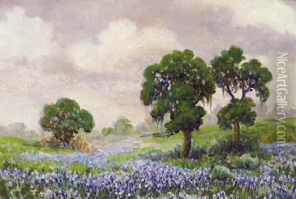 Live Oaks And Bluebonnets Oil Painting - Berla Emree