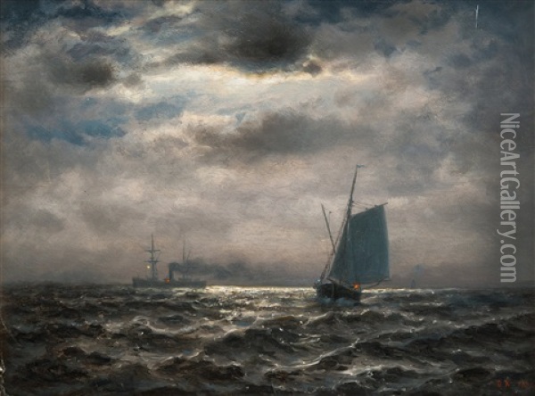 Ships In Moonlight Oil Painting - Oskar Conrad Kleineh