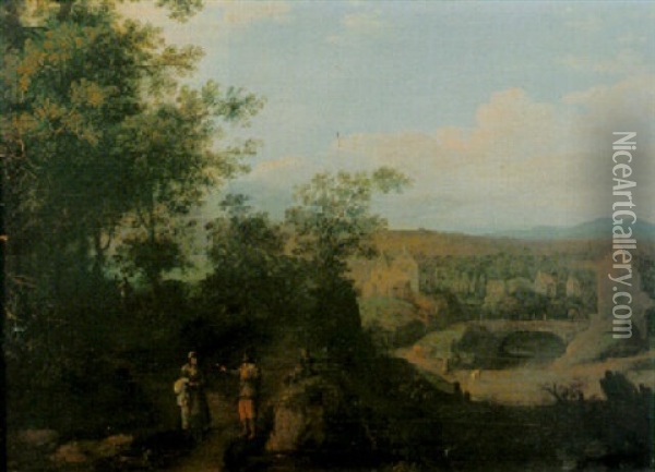 Wooded Landscape With Travellers On A Path, A Village Beyond Oil Painting - Pieter Bout