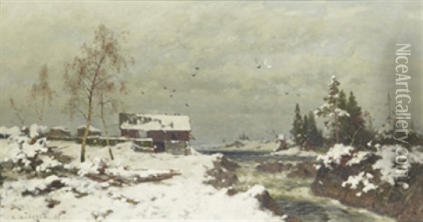 Vinterlandskap Med Lada Vid Fors Oil Painting - Axel Wilhelm Nordgren