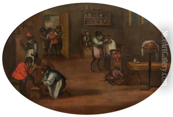 Les Singes Medecins Et Les Singes Musiciens (pair) Oil Painting - Ferdinand van Kessel