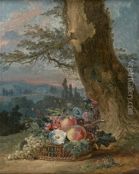 Corbeille De Fruits Et De Fleurs Dans Un Paysage Oil Painting - Louis Gabriel Moreau the Elder