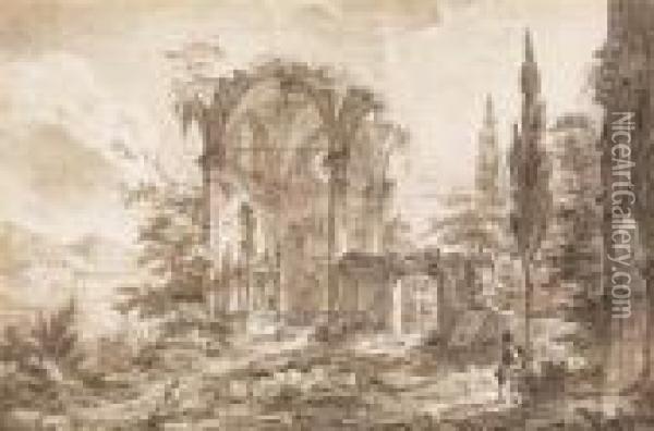 An Architectural Capriccio With Ruins And A Staffage Figure Oil Painting - Giovanni Battista Piranesi