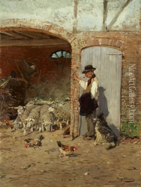 Shepherd With His Dog At The Barn Oil Painting - Hugo Muehlig