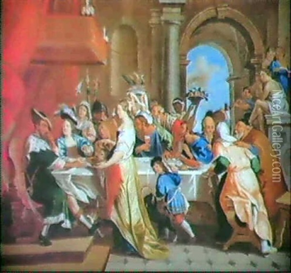 Salome Med Johannes  Doparens Huvud Infor Aegistos Och      Herodias Oil Painting - Johann Crescenz Meyer