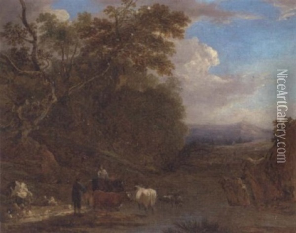 A Drover With Cattle Watering Oil Painting - Benjamin (of Bath) Barker