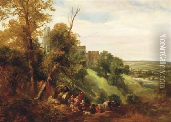 A Gypsy Encampment By A Hilltop Fortress Oil Painting - John James Chalon