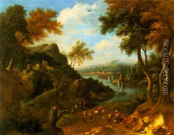 Travellers In An Italianate River Lanscape Oil Painting - Adriaen Frans Boudewyns the Elder