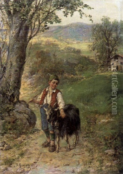 Huterbub Mit Ziege Auf Dem Feldweg Oil Painting - Adolf Humborg