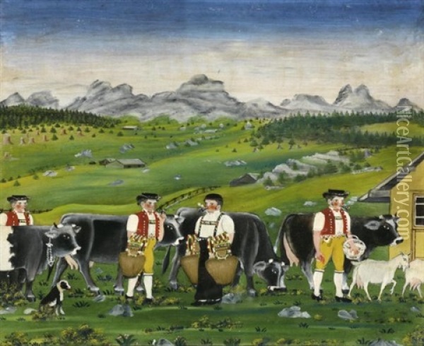 Vier Sennen, Zwei Beim Schellen Schutteln (four Senns, Two Ringing Bells) Oil Painting - Johannes Zuelle