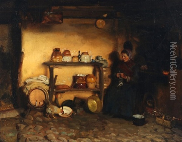 Interior With A Knitting Woman In The Kitchen Oil Painting - Hans Ludvig Smidth
