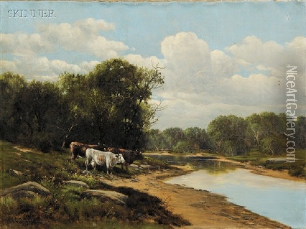 Cows On A River Bank (+ Sheep Grazing By A Country Road; 2 Works) Oil Painting - Charles Grant Davidson