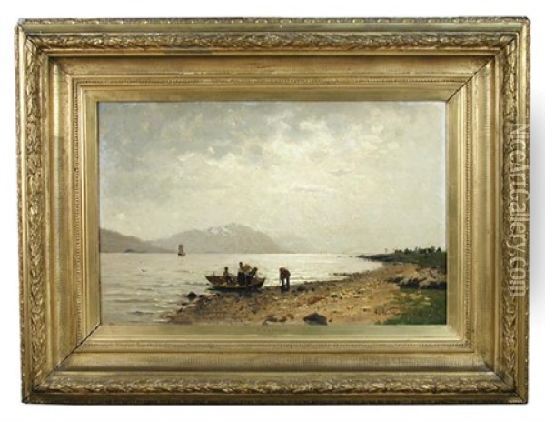 Norwegian Lake Scene With Fishing Boat Oil Painting - Adelsteen Normann