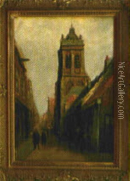 Strasenszene In Schoohoven Mit Dem Wuchtigen Turm Der Bartholomauskirche Oil Painting - Cornelis Antonius de Zeeuw